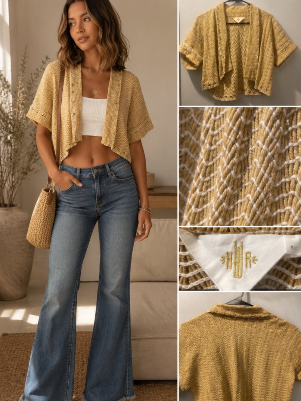 HWR Anthropologie Mustard Open Knit Cropped Cardigan M/L